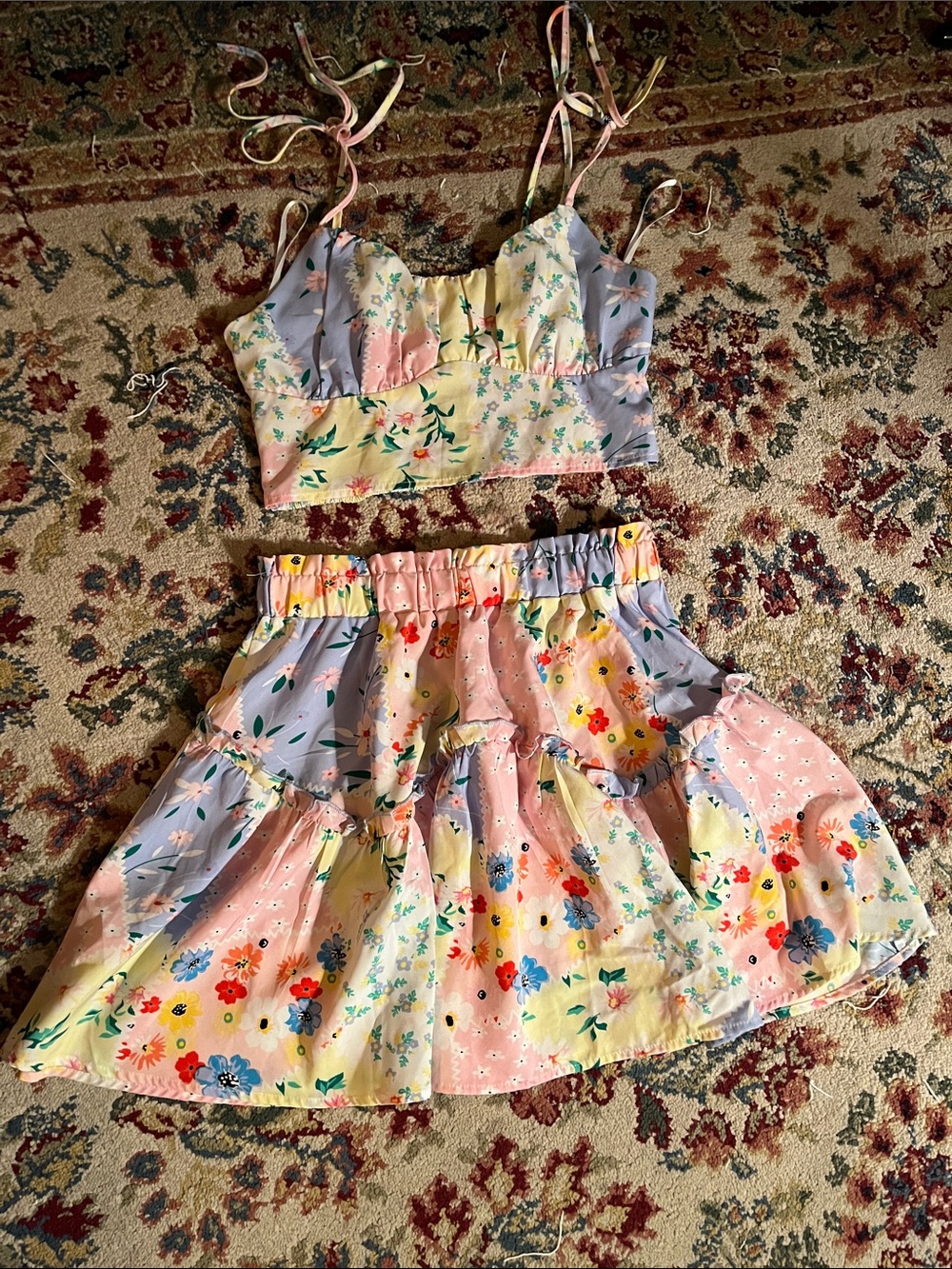 Floral Pastel Tiered Skirt and Crop Top Set - Pink/Blue/Yellow